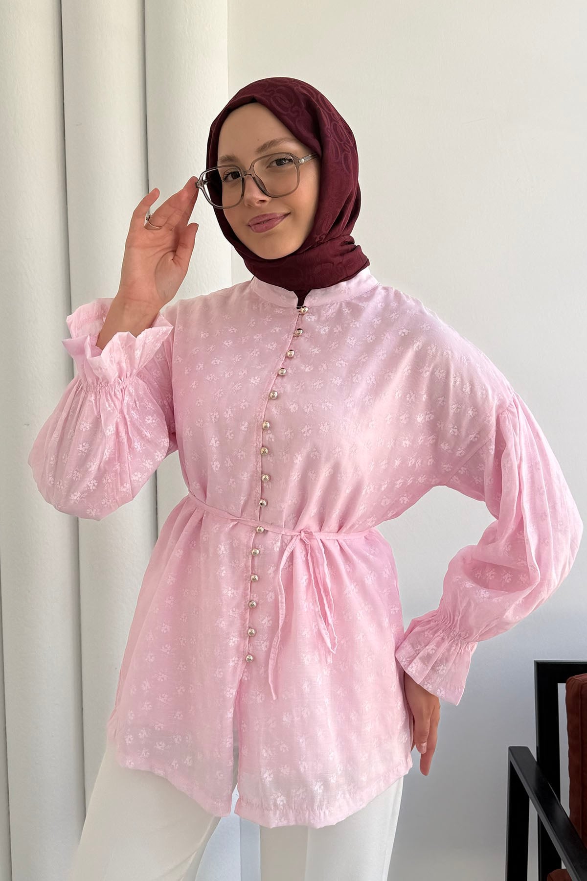 Vual Kumaş Çiçek Desenli Önü Düğmeli Gömlek-PEMBE