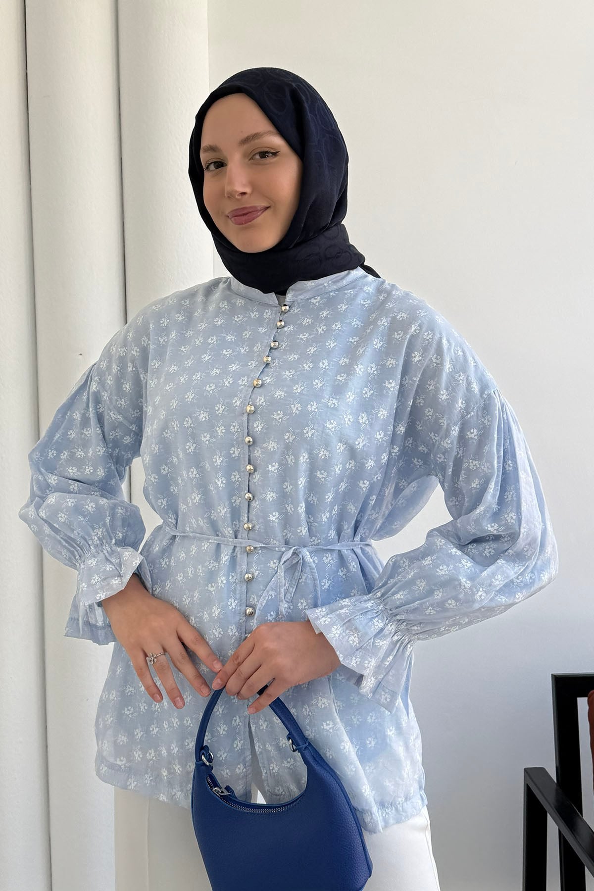 Vual Kumaş Çiçek Desenli Önü Düğmeli Gömlek-BEBE MAVİ