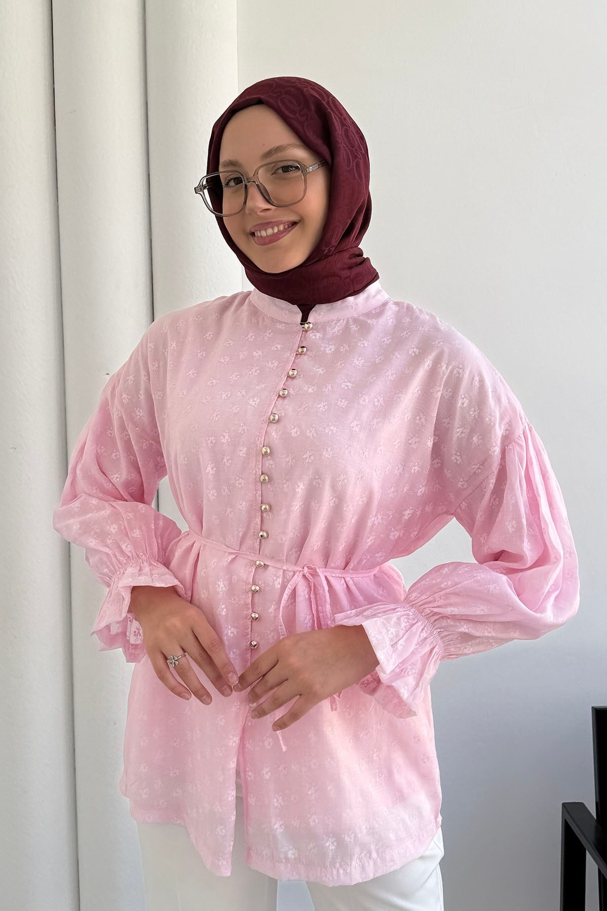 Vual Kumaş Çiçek Desenli Önü Düğmeli Gömlek-PEMBE