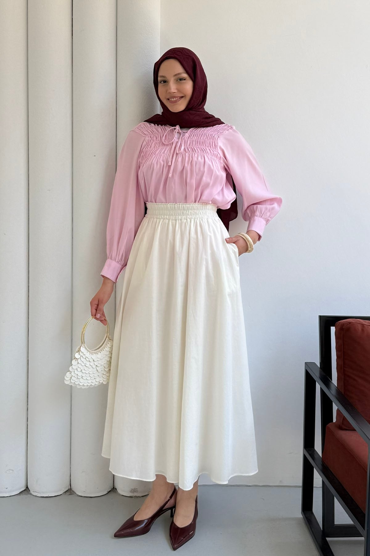 Yaka Bağçıklı Göğüs Büzgü Detaylı Gömlek-PEMBE