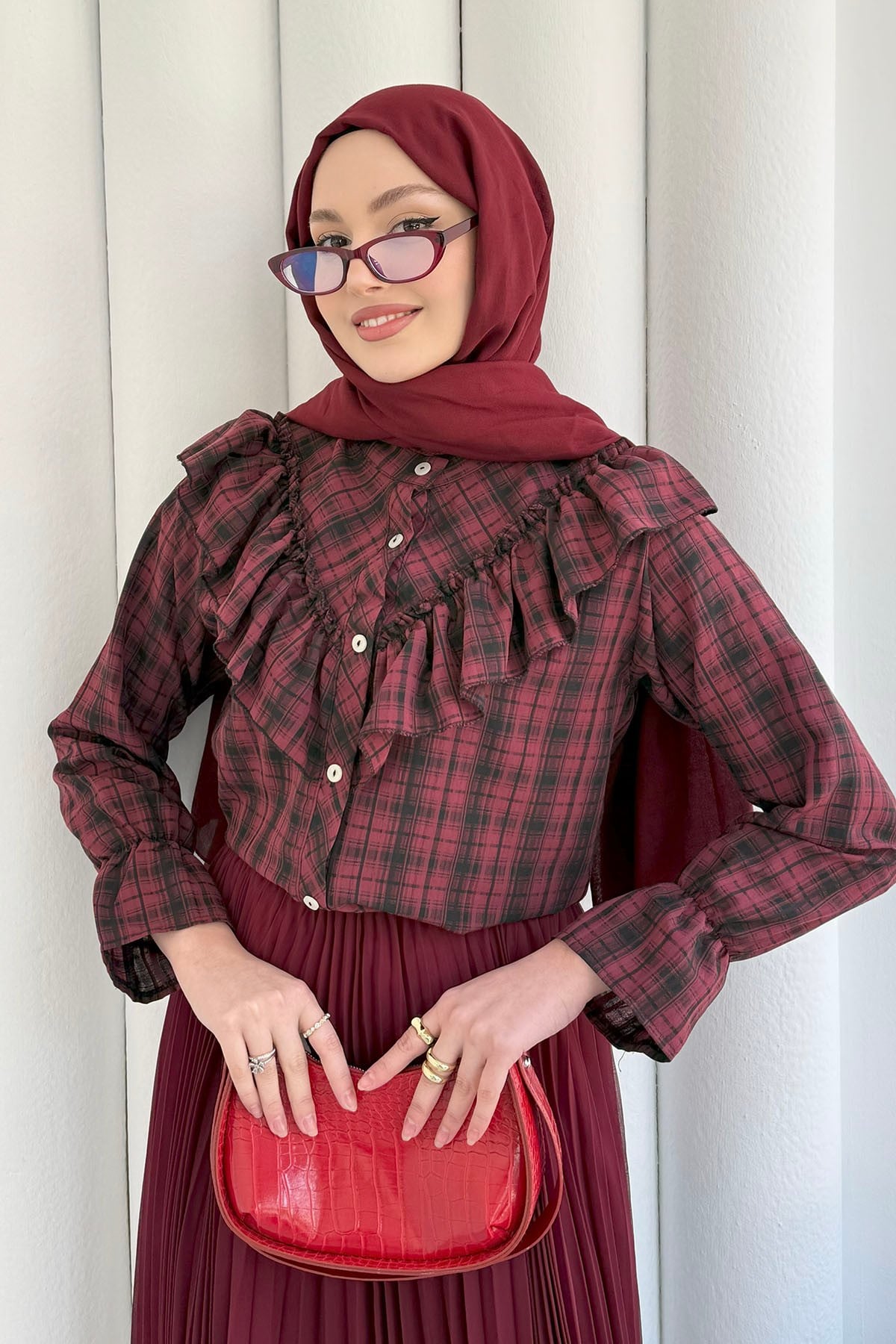 Yakası Fırfırlı Ekose Gömlek-BORDO