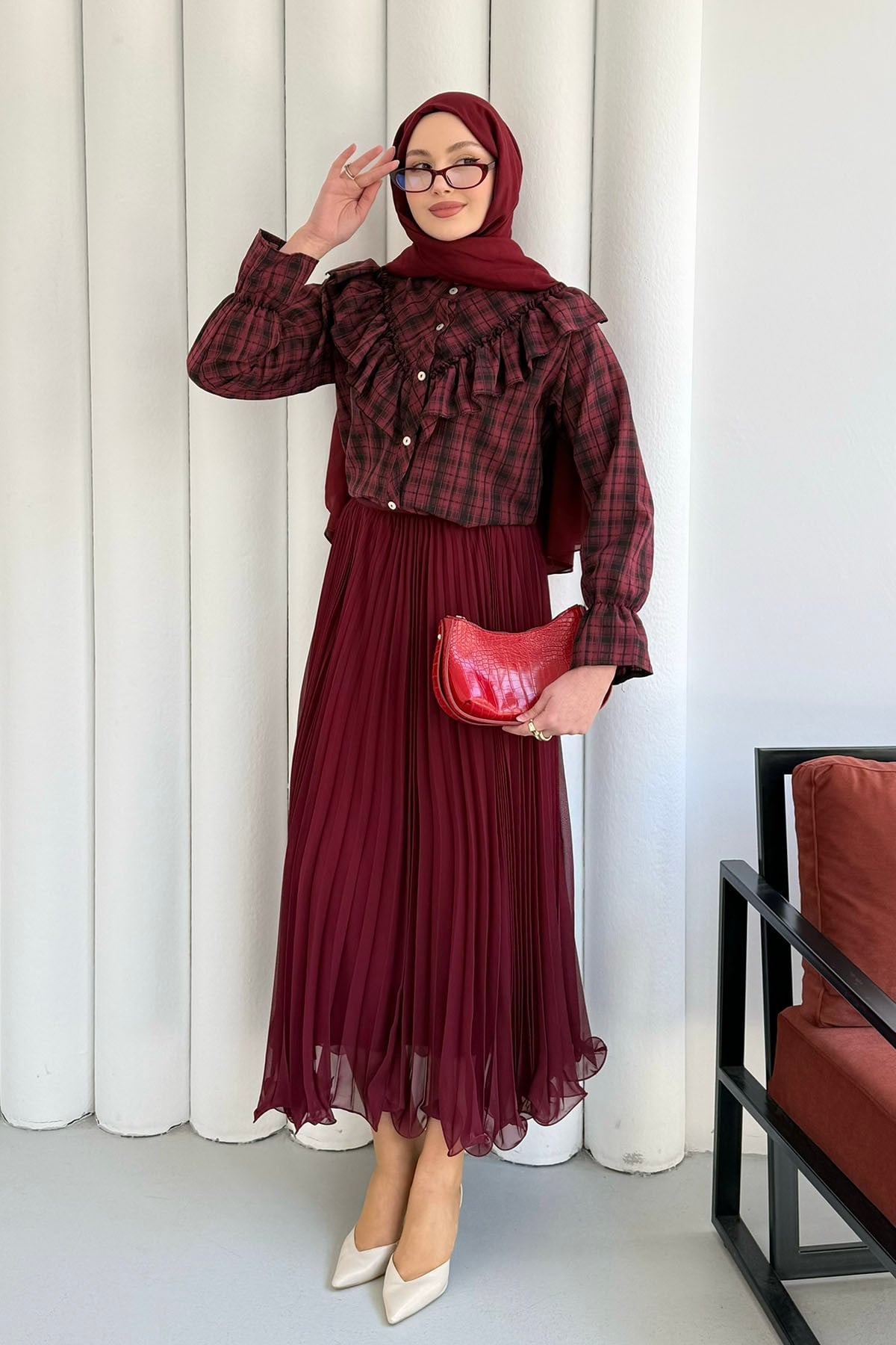 Yakası Fırfırlı Ekose Gömlek-BORDO