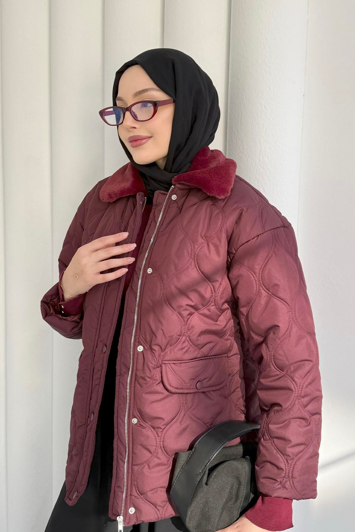 Yakası Kürklü Kapitone Şişme Mont-BORDO