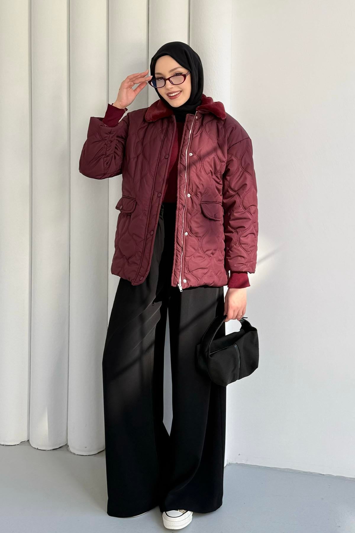 Yakası Kürklü Kapitone Şişme Mont-BORDO