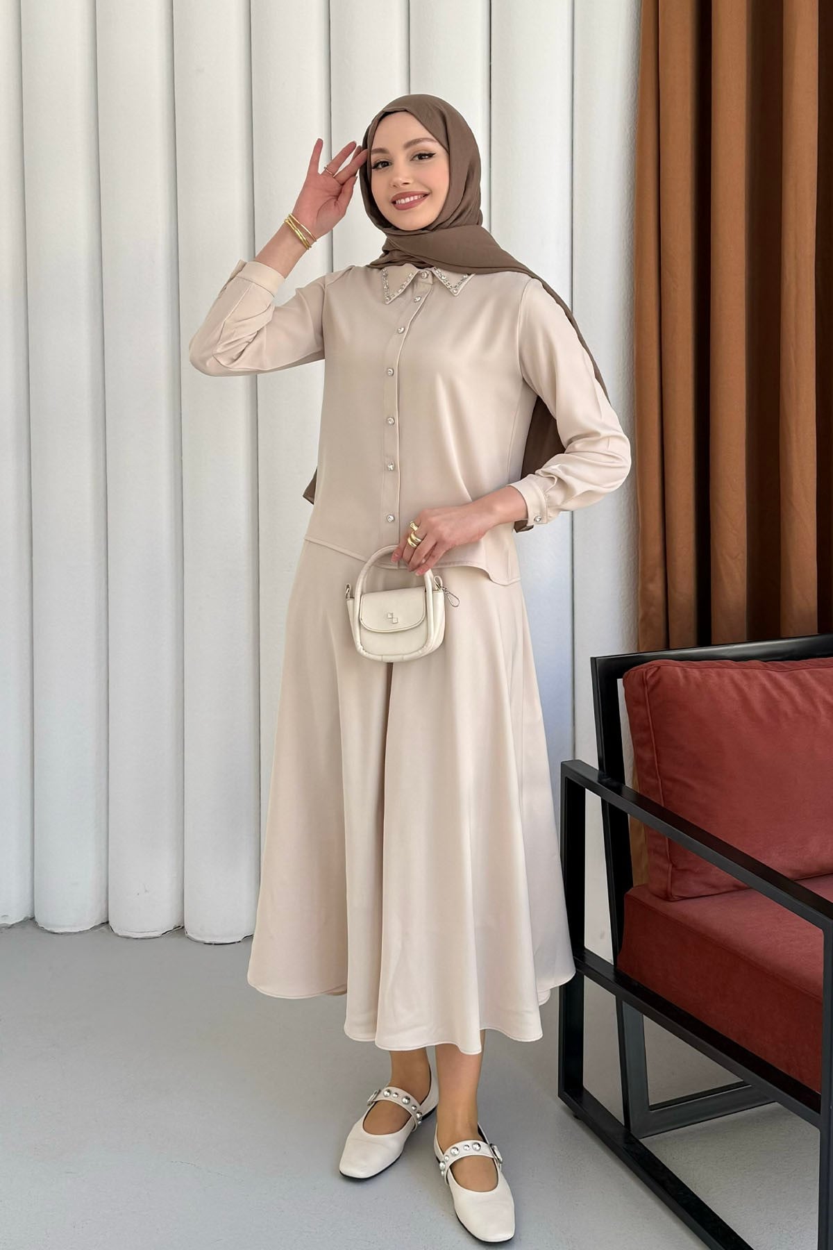 Yakası Taş İşlemeli Etekli Tesettür Takım-TAŞ