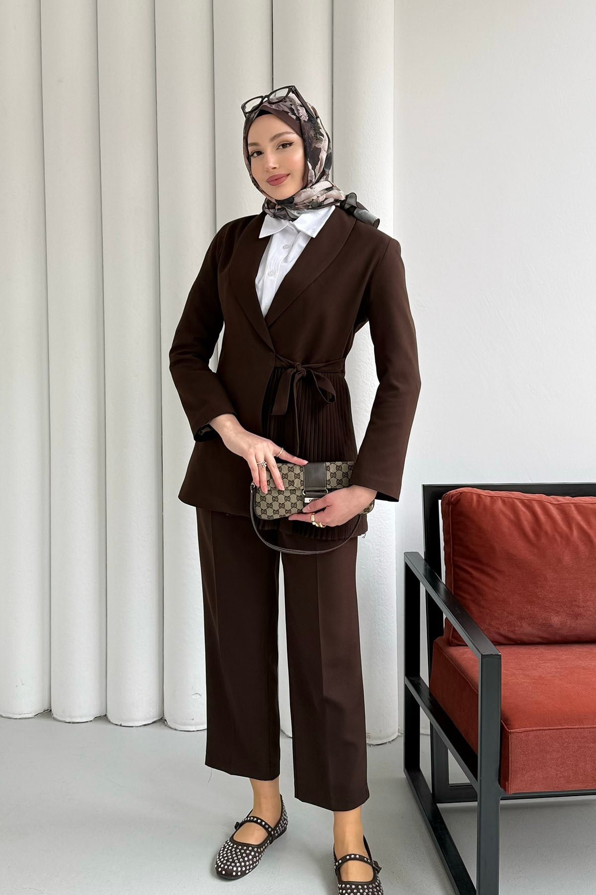Yan Bağlamalı Pilise Detay Blazer Ceket-KAHVERENGİ