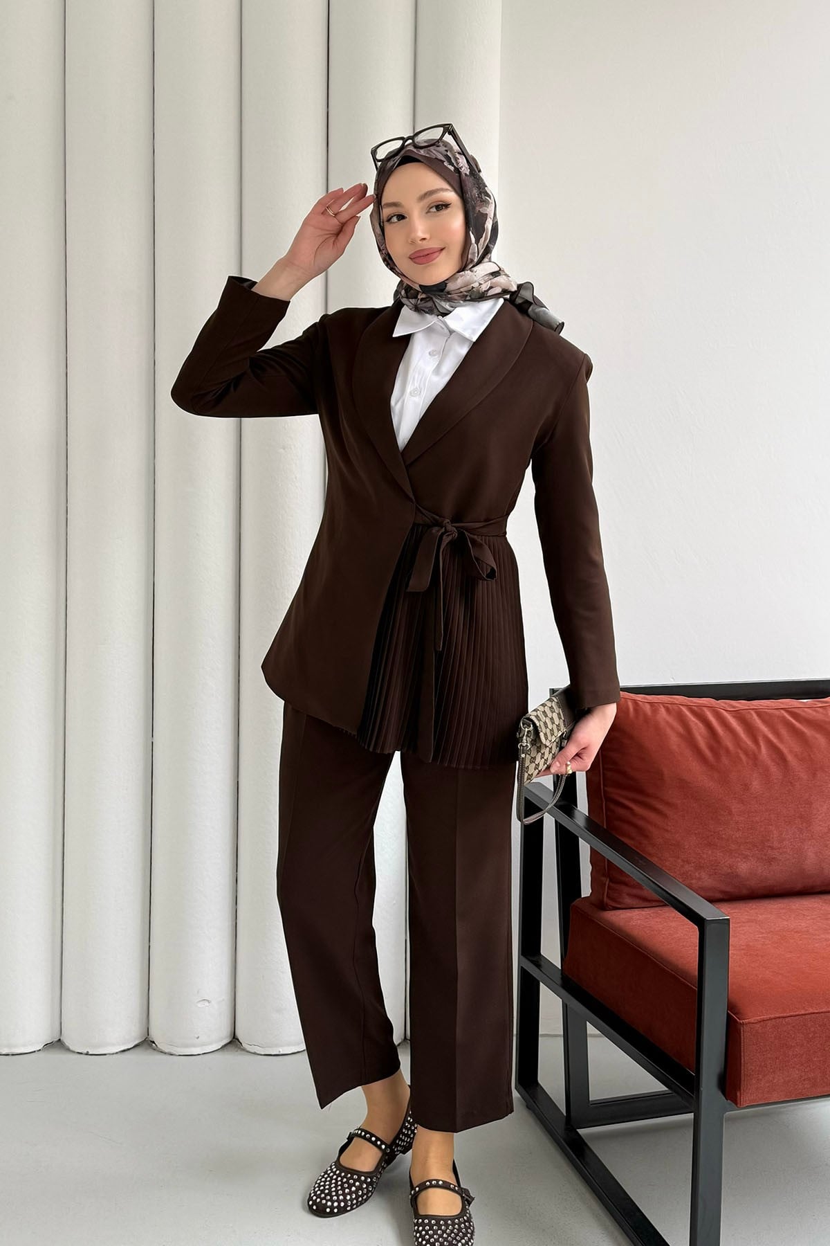 Yan Bağlamalı Pilise Detay Blazer Ceket-KAHVERENGİ