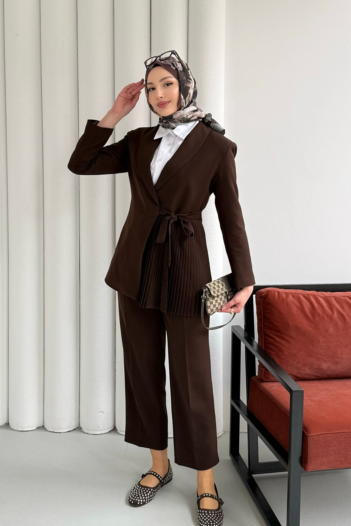 Yan Bağlamalı Pilise Detay Blazer Ceket-KAHVERENGİ