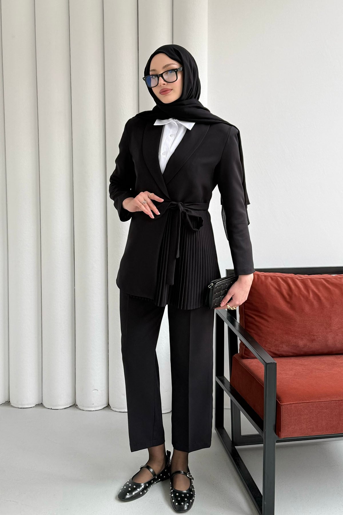 Yan Bağlamalı Pilise Detay Blazer Ceket-SİYAH