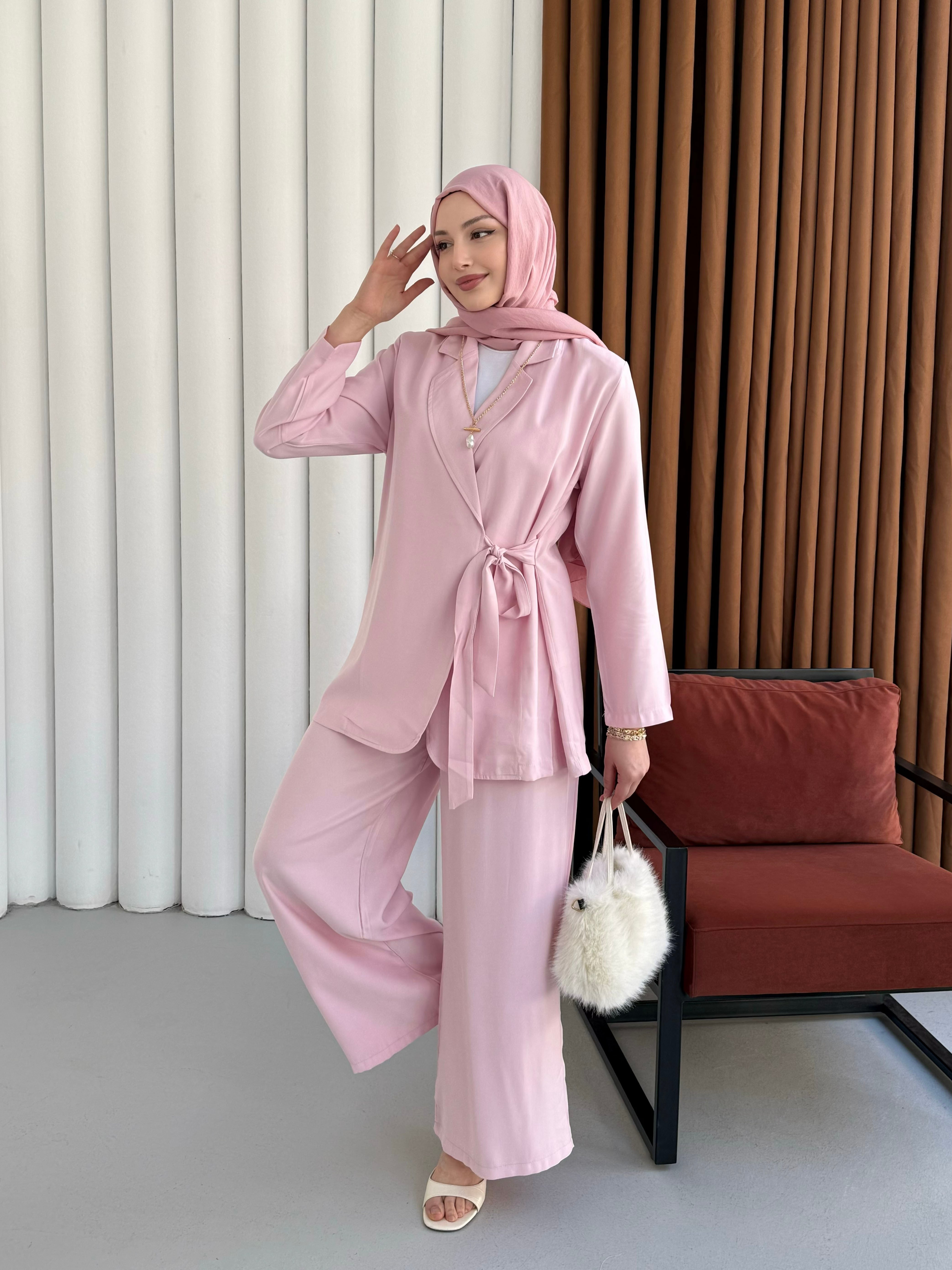 Yandan Bağlamalı Ceket Pantolon Tesettür Takım-PEMBE