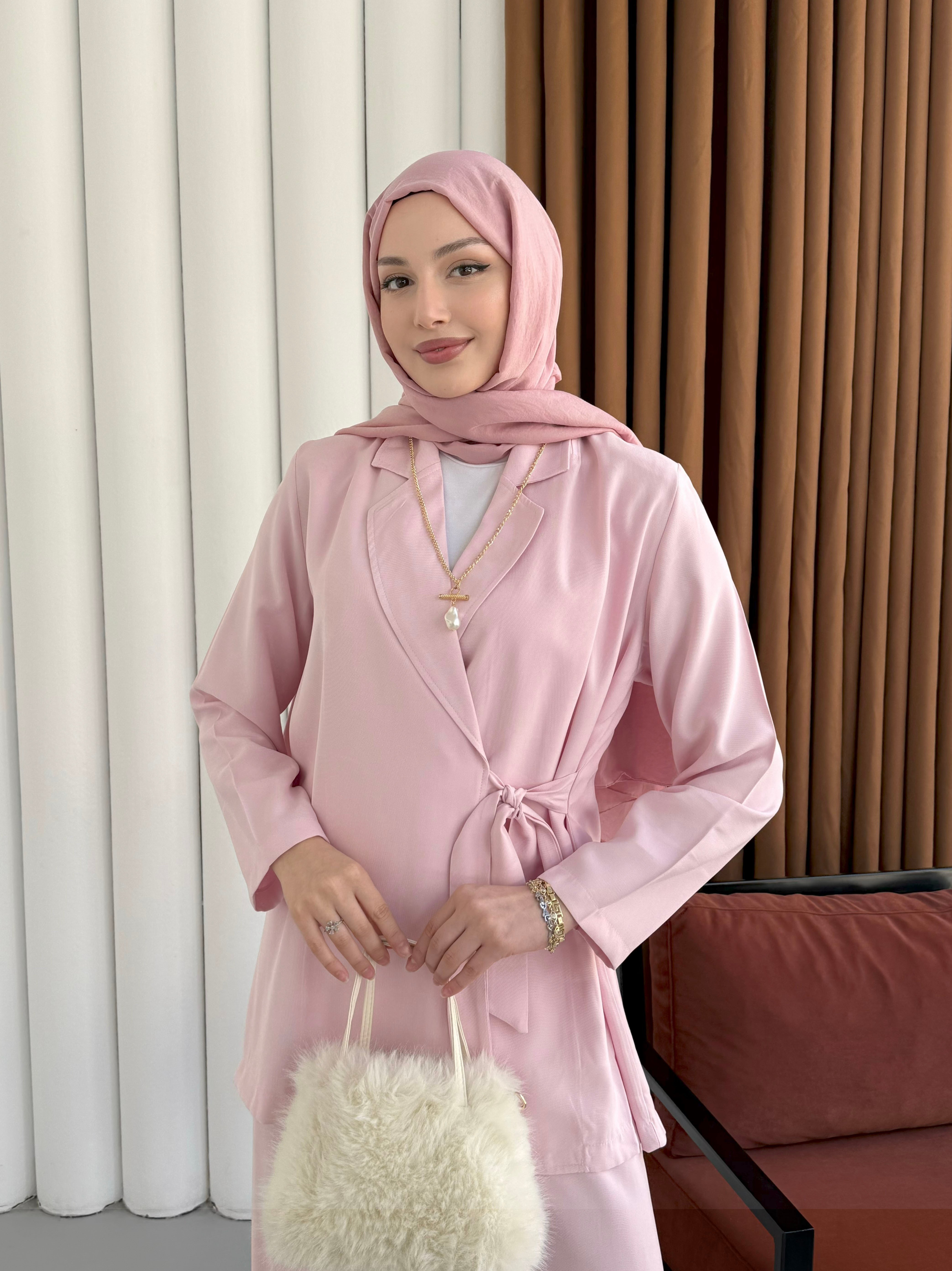 Yandan Bağlamalı Ceket Pantolon Tesettür Takım-PEMBE