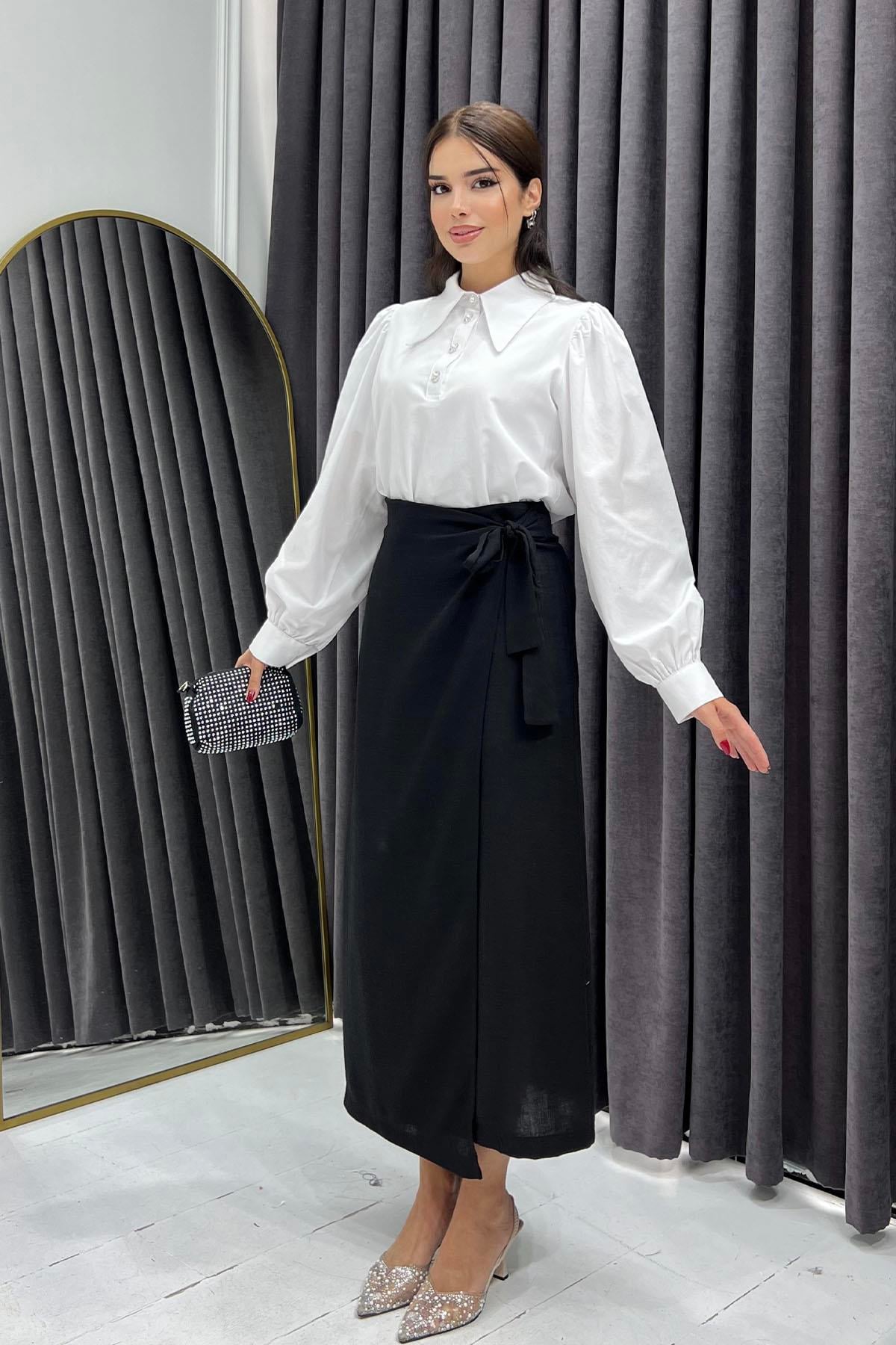 Yandan Bağlamalı Keten Etek-SİYAH