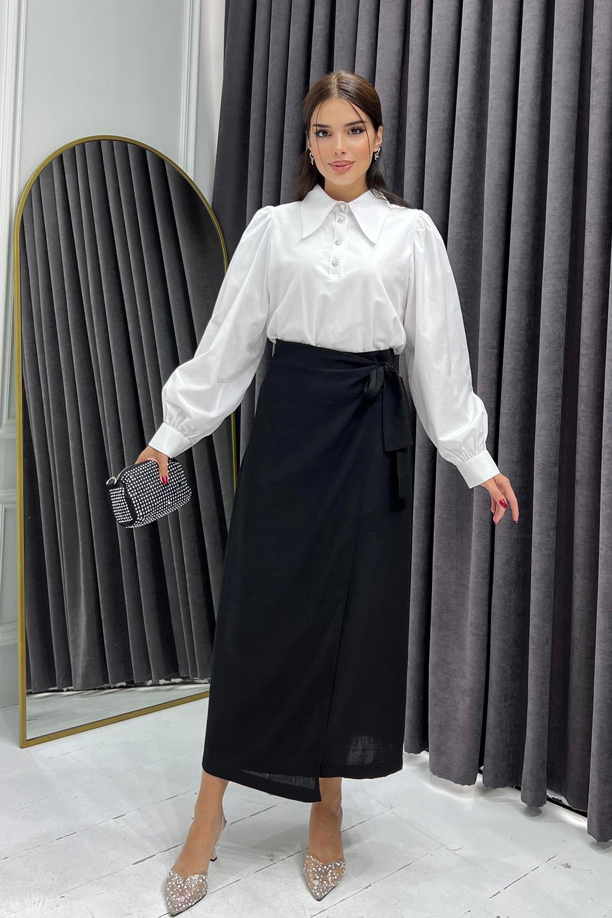 Yandan Bağlamalı Keten Etek-SİYAH