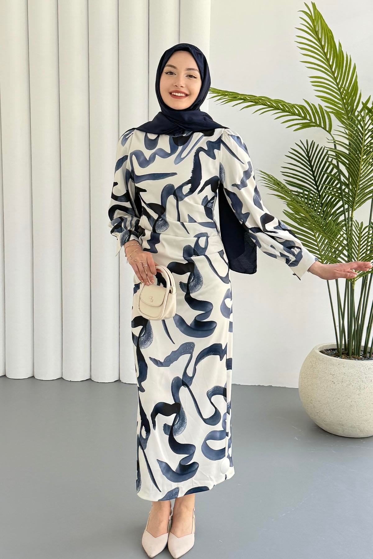 Yandan Büzgülü Batik Desen Tesettür Elbise-MAVİ
