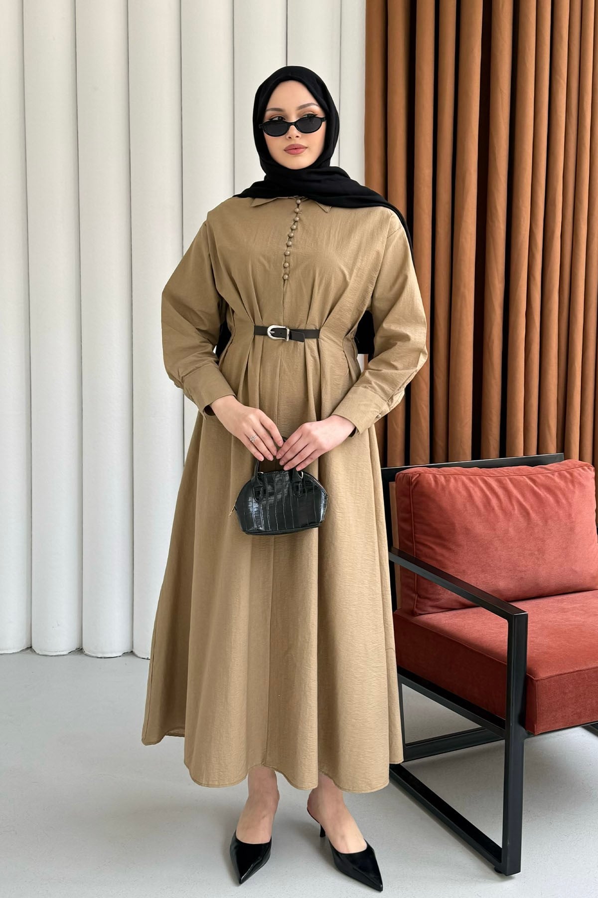 Yarım Düğmeli Bele Oturan Kemer Detaylı Tesettür Elbise-OLİVE