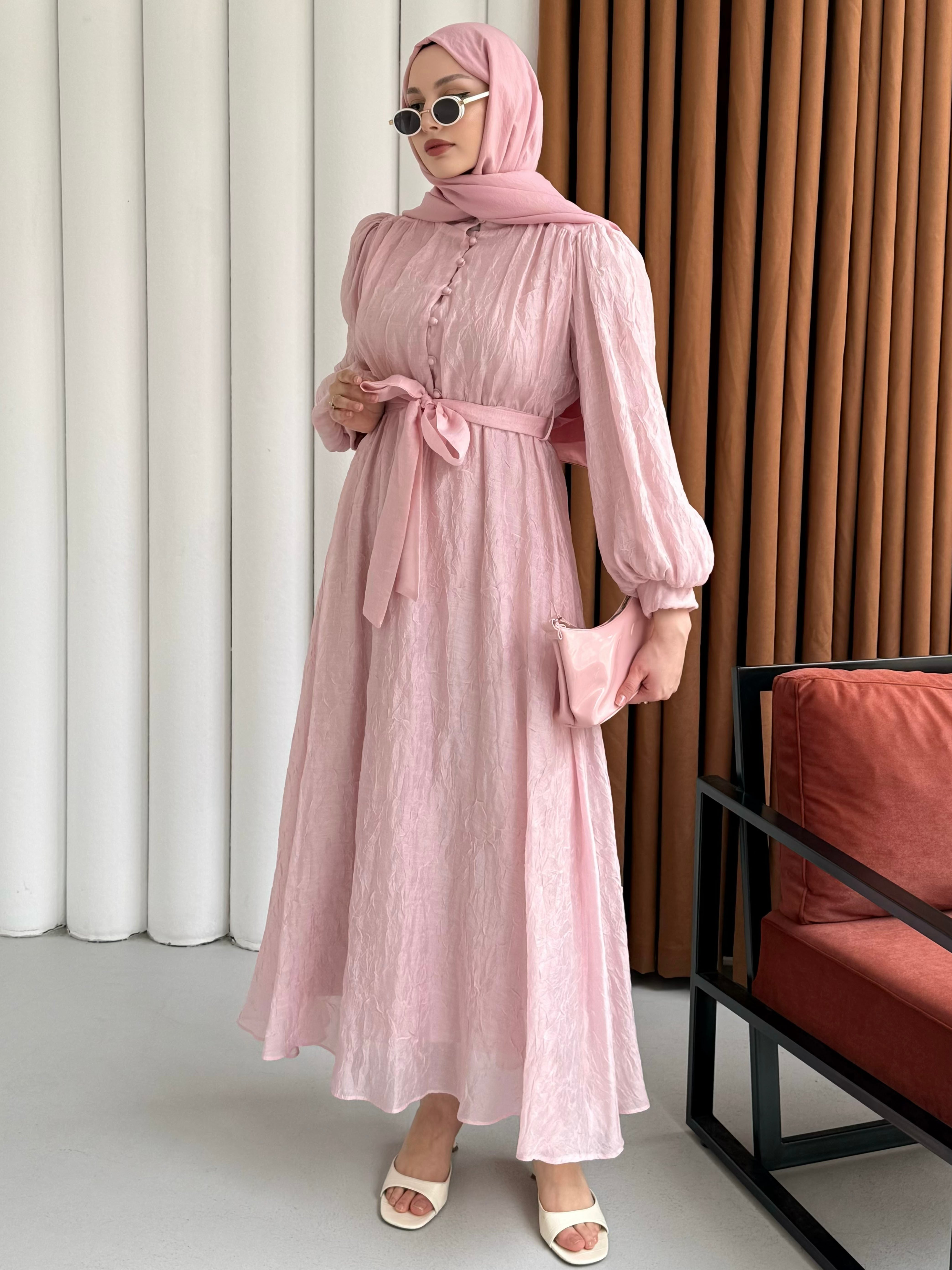 Yarın Düğmeli Kendinden Desenli Balon Kol Tesettür Elbise-PEMBE