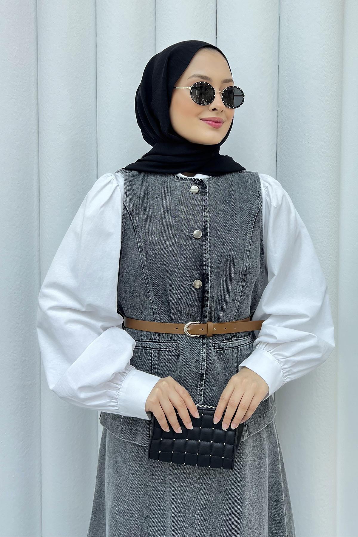 Yeleği Kemerli Denim Etekli Tesettür Takım-ANTRASİT