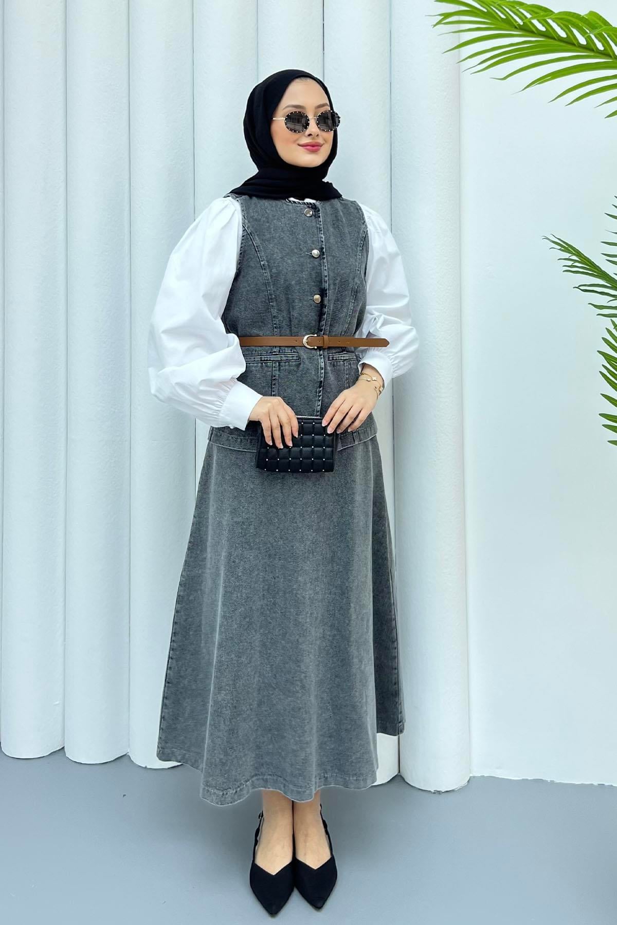Yeleği Kemerli Denim Etekli Tesettür Takım-ANTRASİT