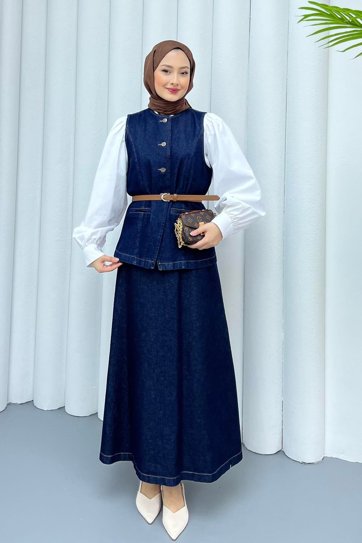 Yeleği Kemerli Denim Etekli Tesettür Takım-KOYU MAVİ