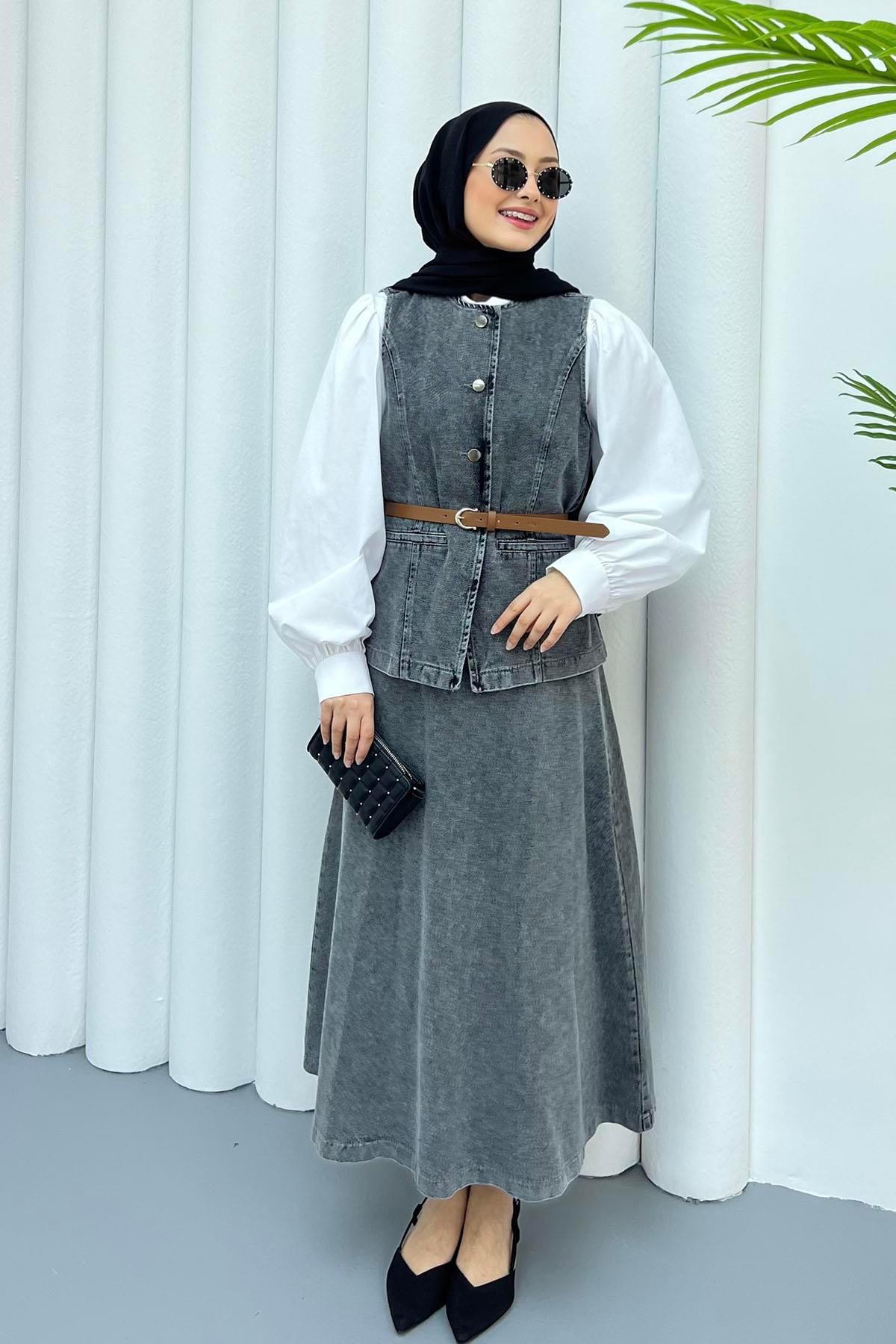 Yeleği Kemerli Denim Etekli Tesettür Takım-ANTRASİT