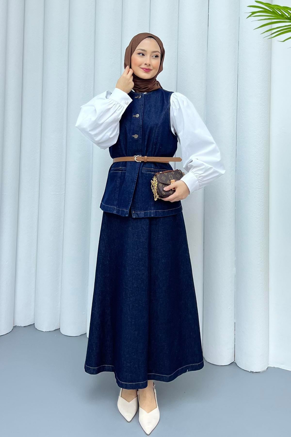Yeleği Kemerli Denim Etekli Tesettür Takım-KOYU MAVİ