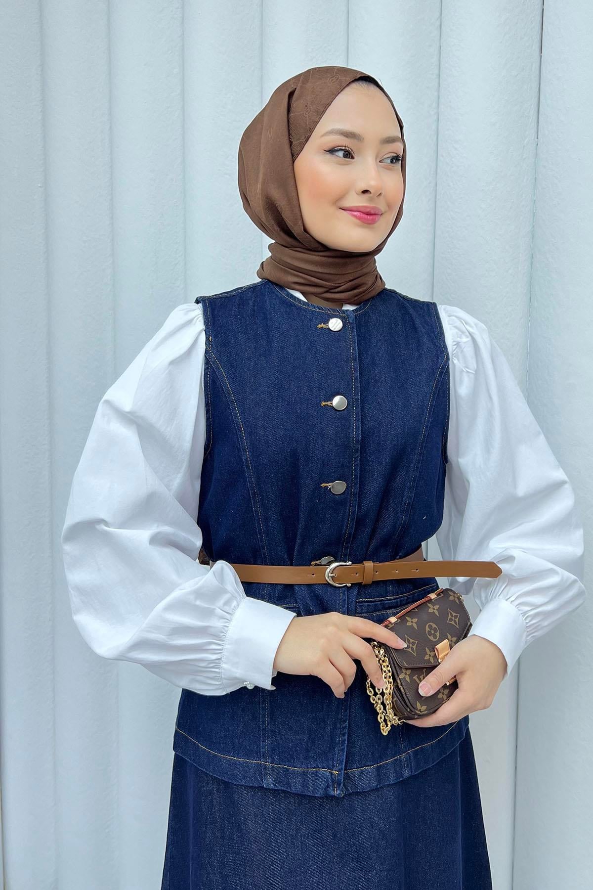 Yeleği Kemerli Denim Etekli Tesettür Takım-KOYU MAVİ