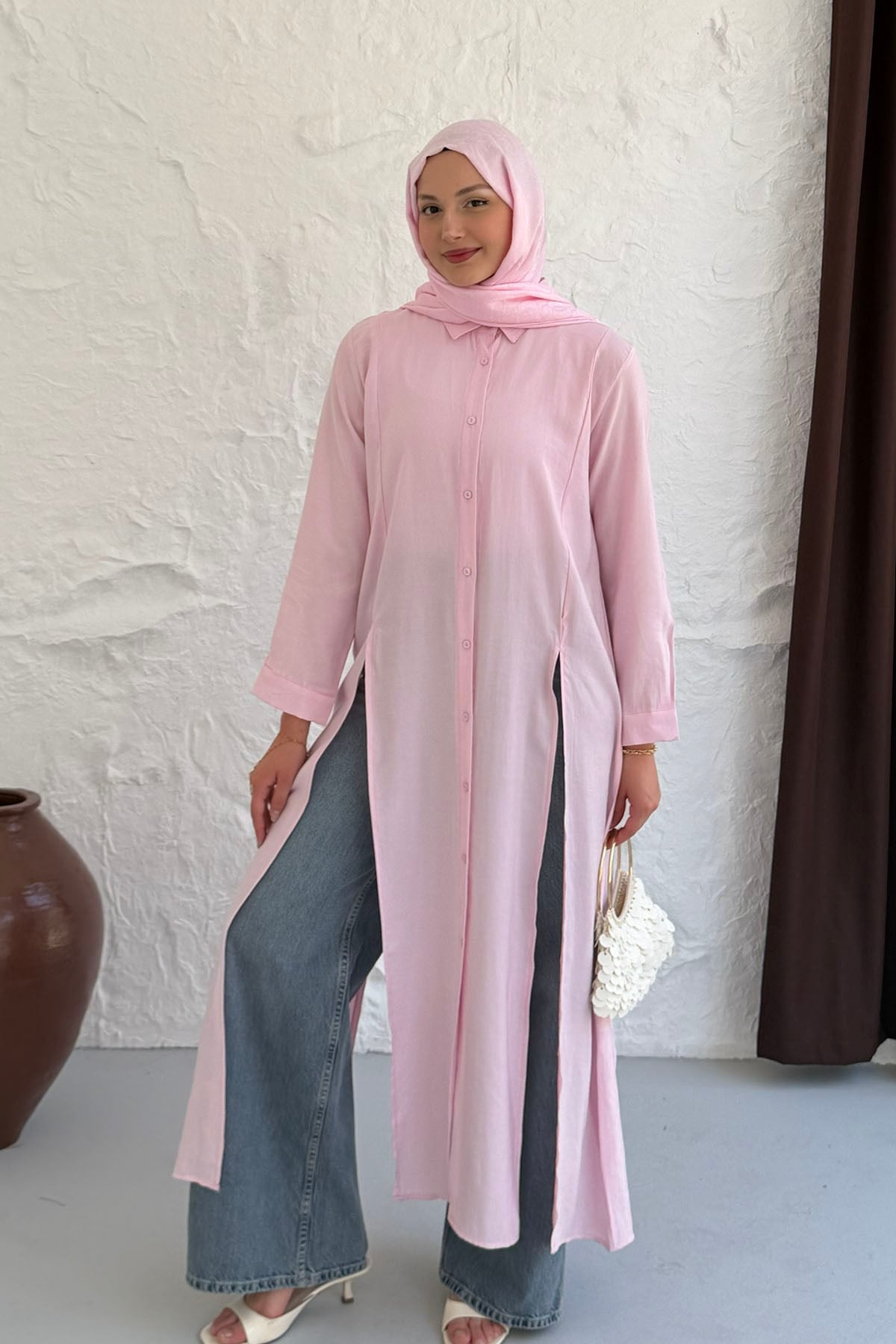 Yırtmaç Detaylı Boydan Düğmeli Tasarım Tunik-PEMBE