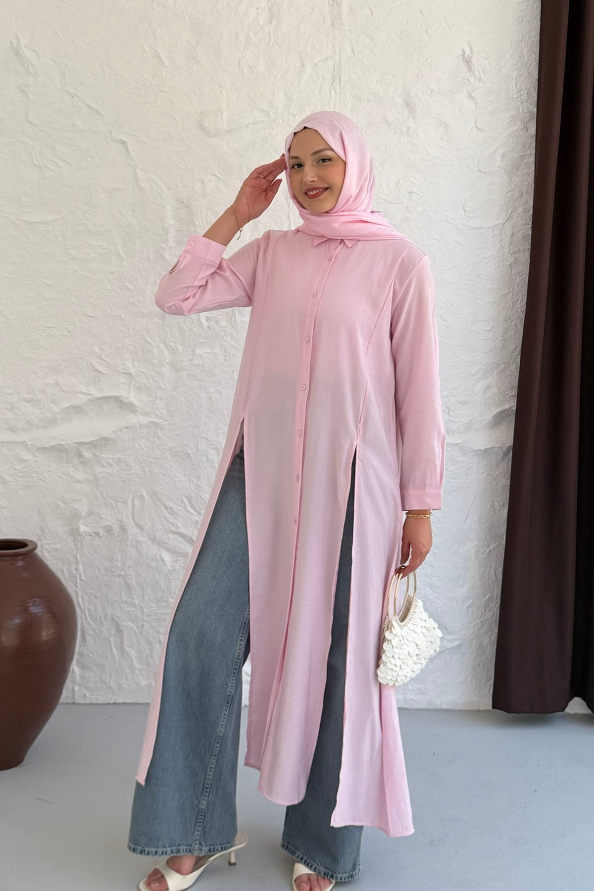 Yırtmaç Detaylı Boydan Düğmeli Tasarım Tunik-PEMBE