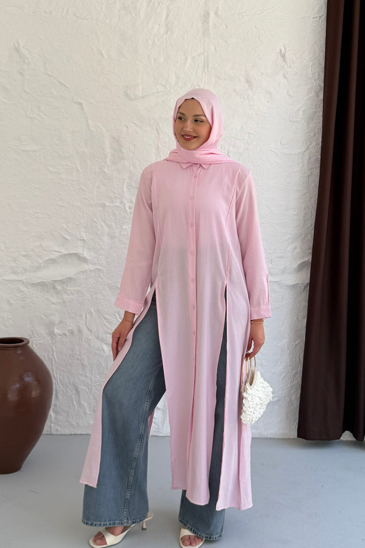 Yırtmaç Detaylı Boydan Düğmeli Tasarım Tunik-PEMBE