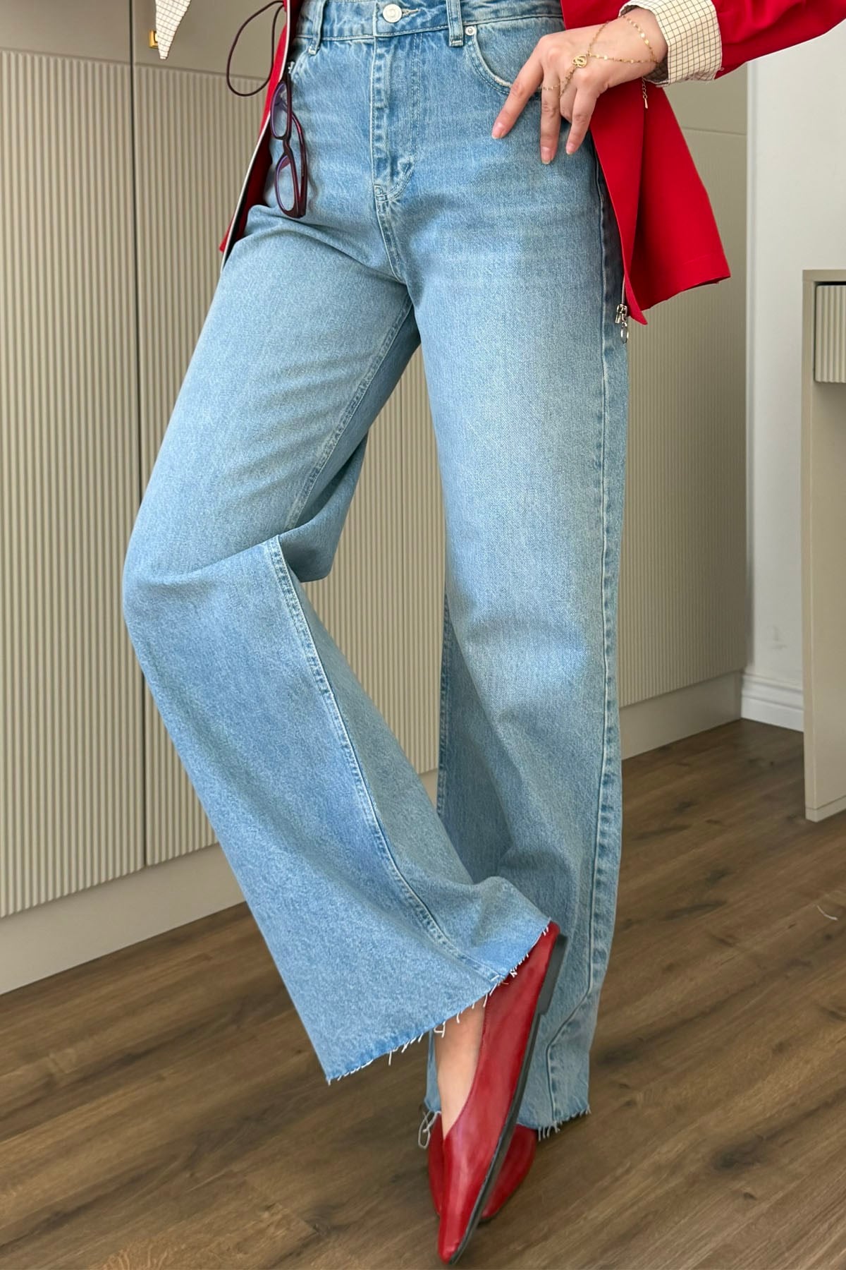 Yüksek Bel Geniş Paça Denim Pantolon-MAVİ