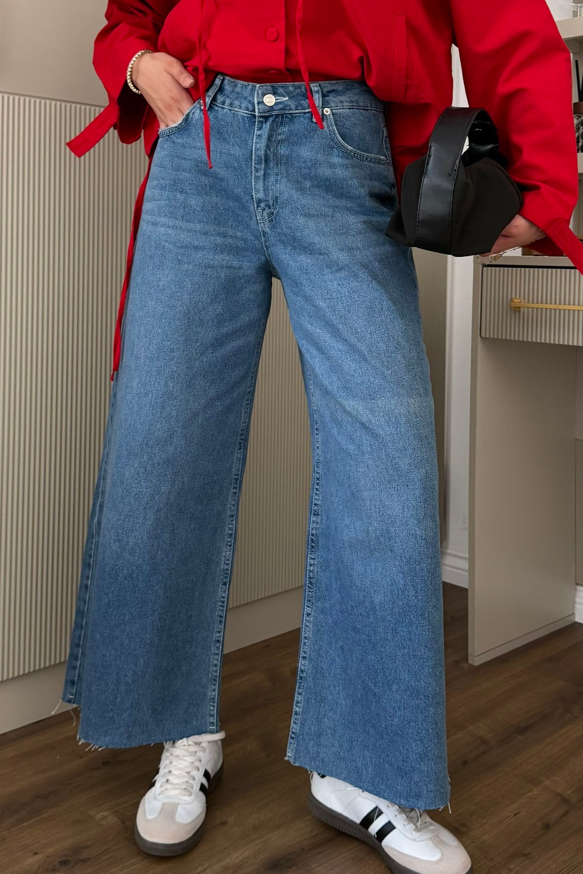 Yüksek Bel Kesik Paçalı Denim Pantolon-MAVİ