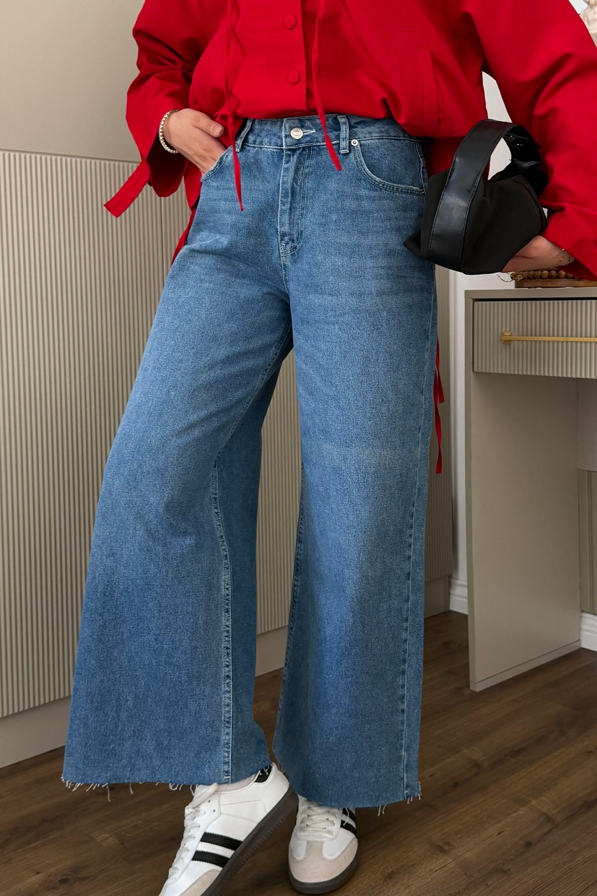 Yüksek Bel Kesik Paçalı Denim Pantolon-MAVİ