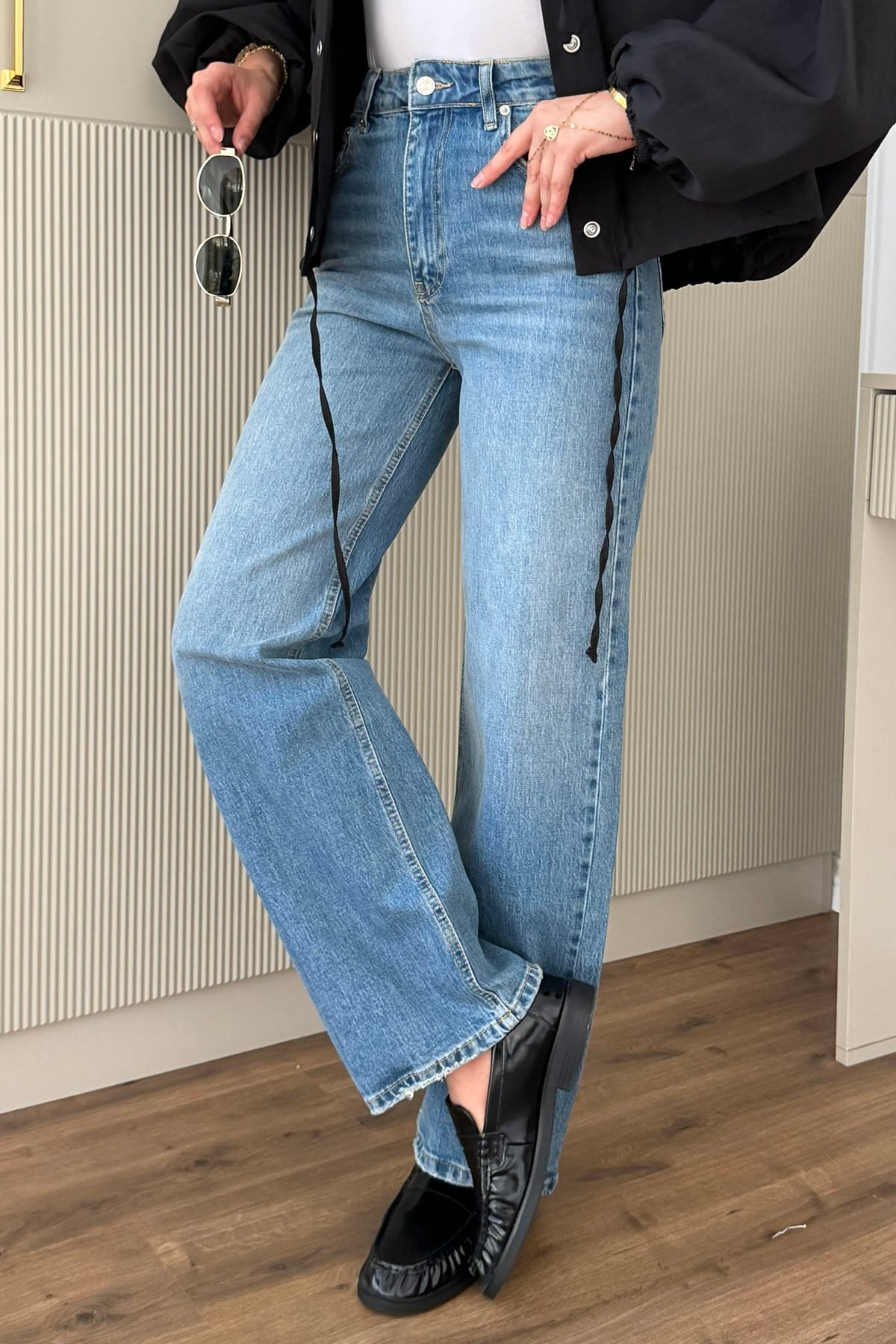 Yüksek Bel Relaxed Fit Denim Pantolon-MAVİ