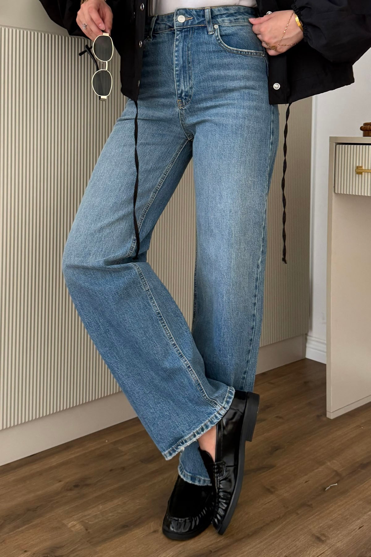 Yüksek Bel Relaxed Fit Denim Pantolon-MAVİ