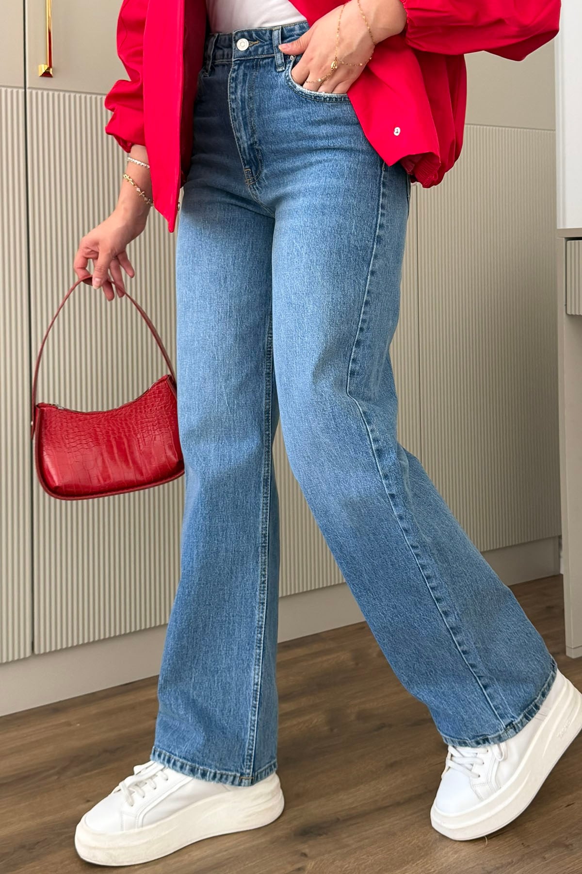 Yüksek Bel Wide-Leg Denim Pantolon-MAVİ
