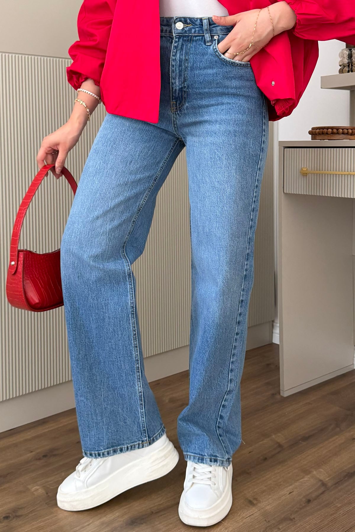 Yüksek Bel Wide-Leg Denim Pantolon-MAVİ