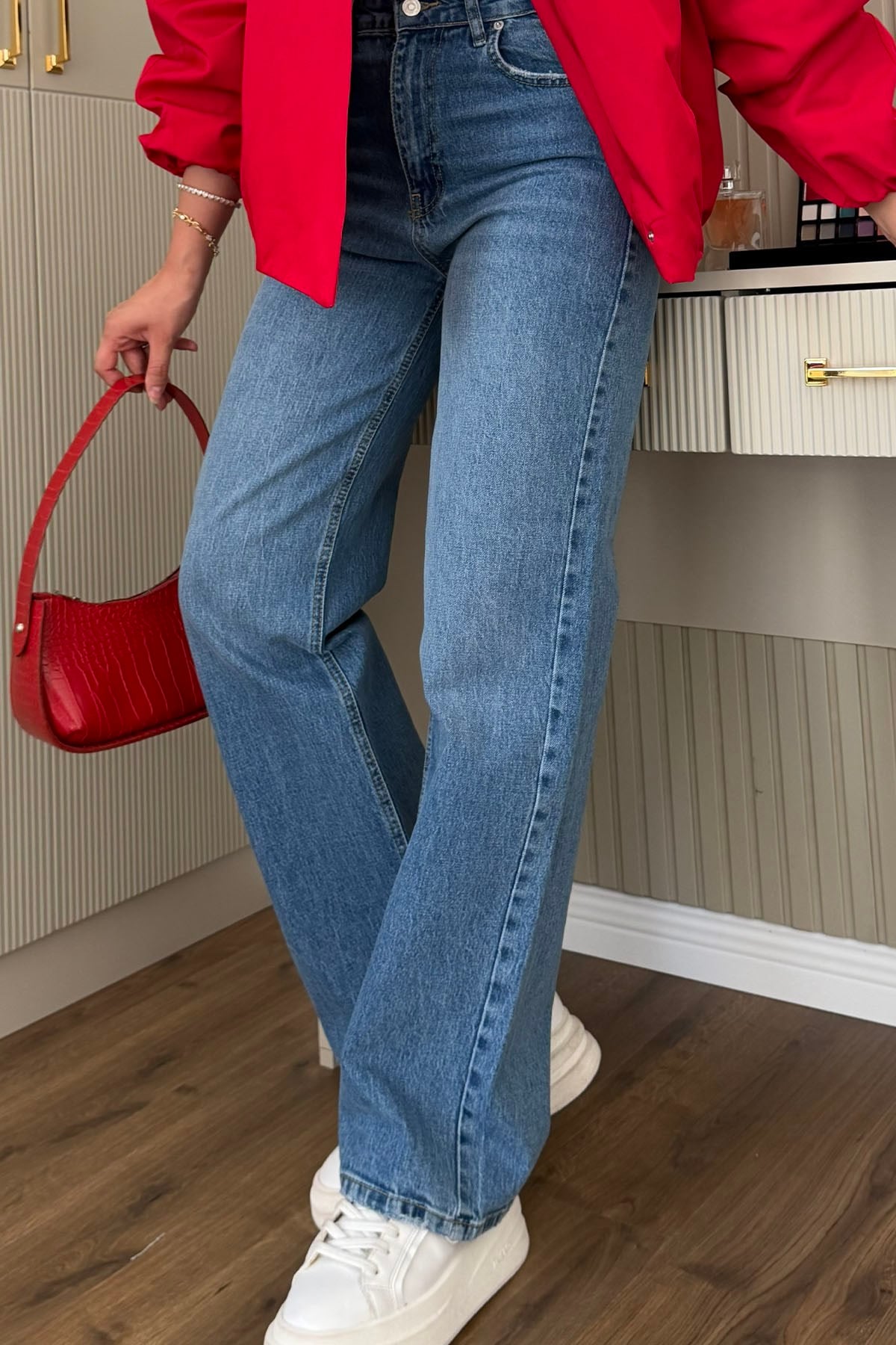 Yüksek Bel Wide-Leg Denim Pantolon-MAVİ