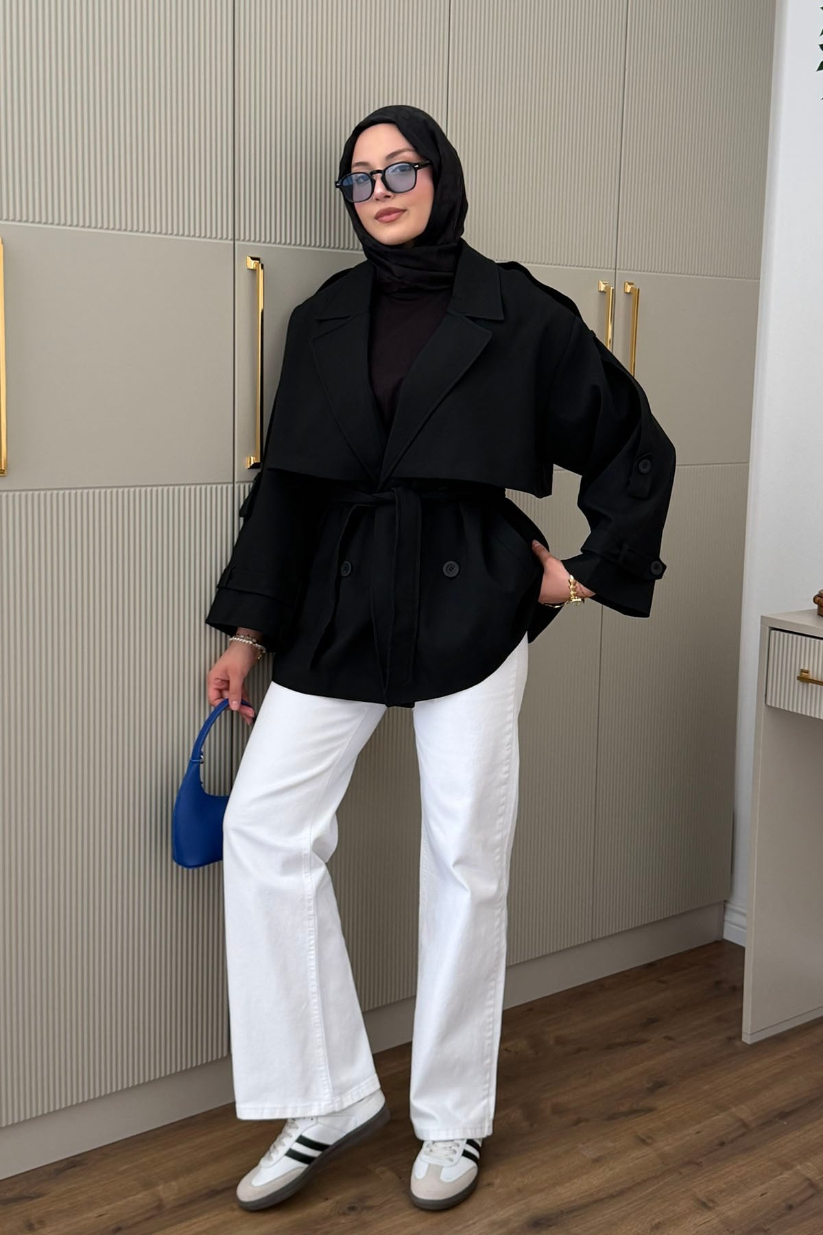 Apolet Detaylı Oversize Kısa Trençkot-SİYAH