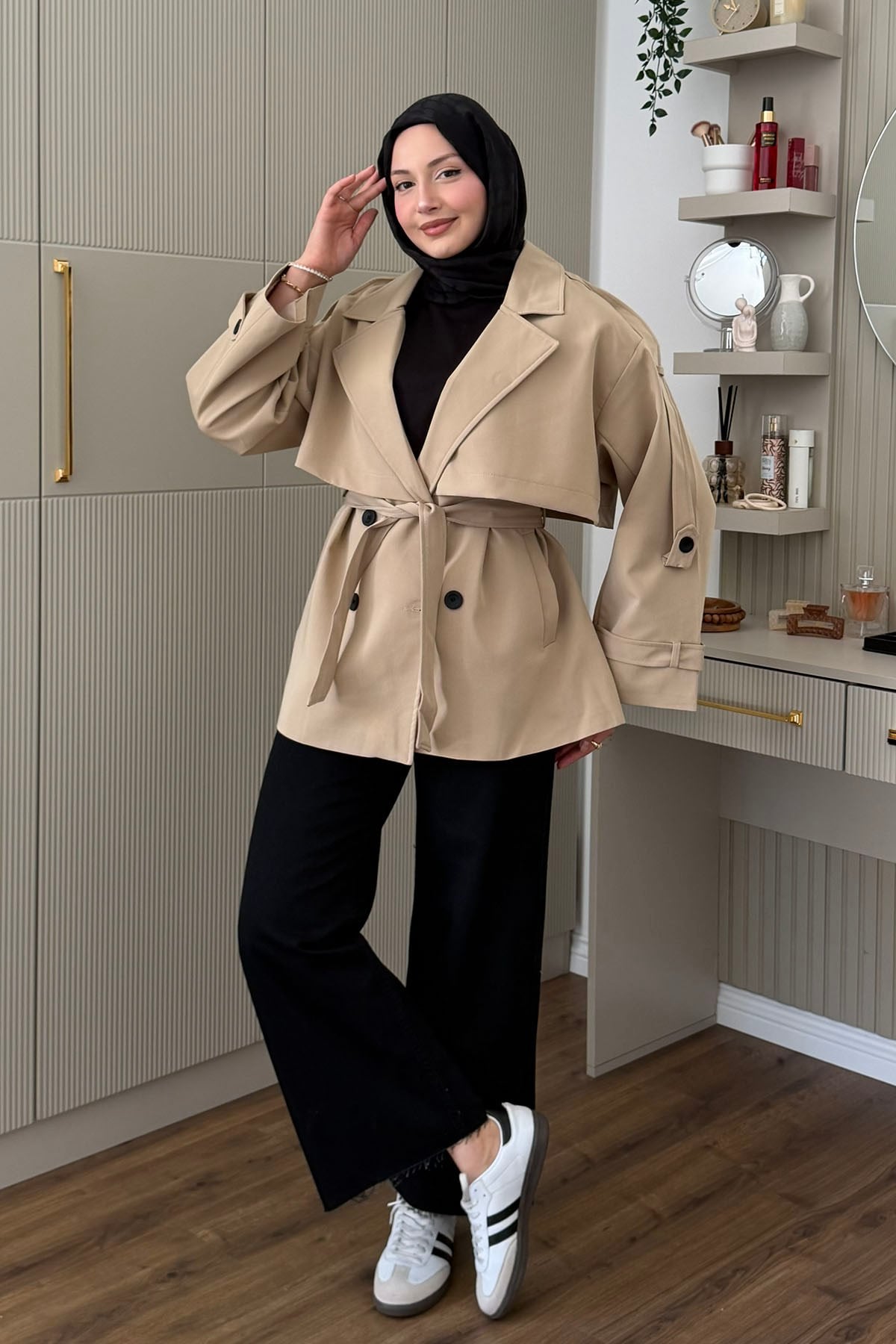 Apolet Detaylı Oversize Kısa Trençkot-CAMEL
