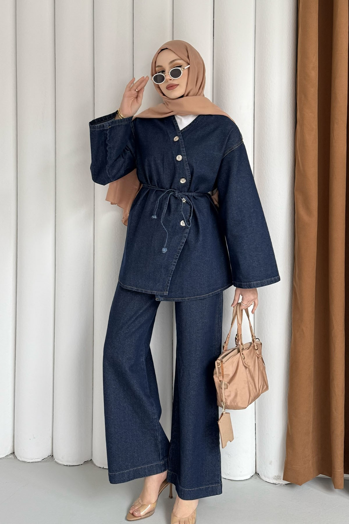 Asimetrik Düğmeli Denim Tesettür Takım-KOYU MAVİ