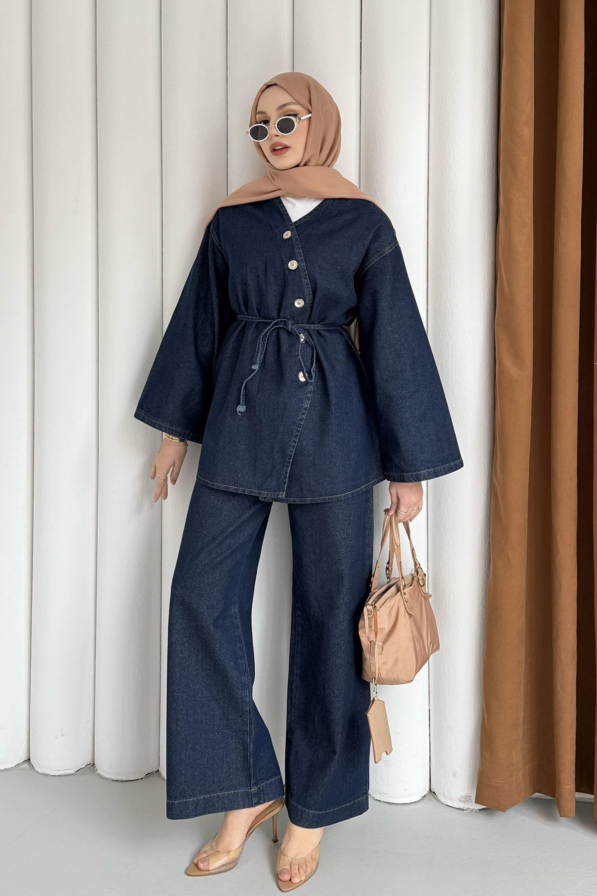 Asimetrik Düğmeli Denim Tesettür Takım-KOYU MAVİ