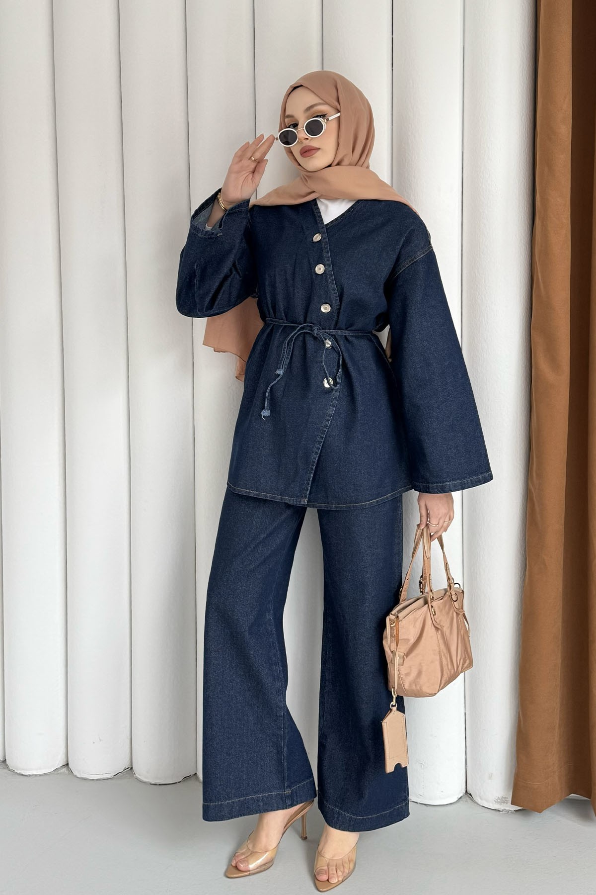 Asimetrik Düğmeli Denim Tesettür Takım-KOYU MAVİ