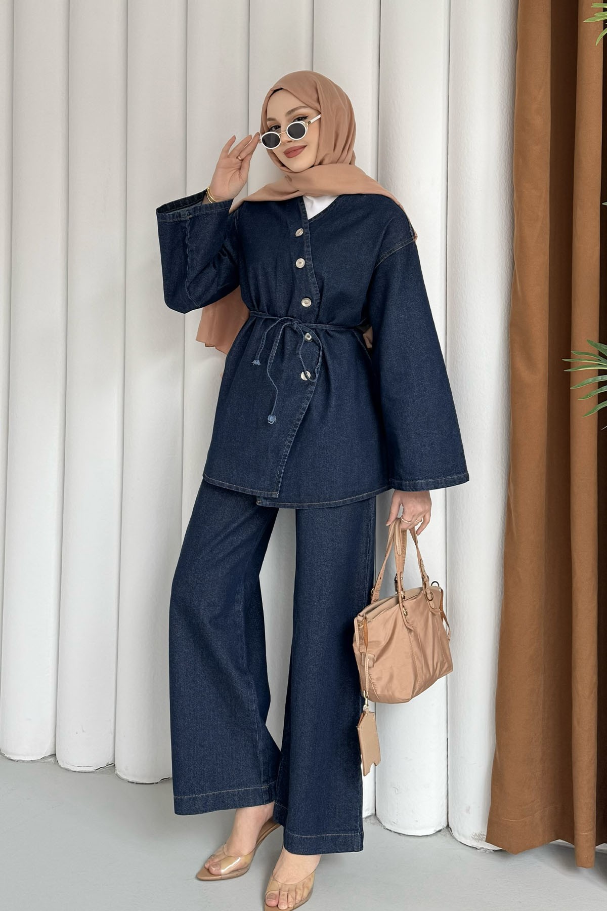 Asimetrik Düğmeli Denim Tesettür Takım-KOYU MAVİ