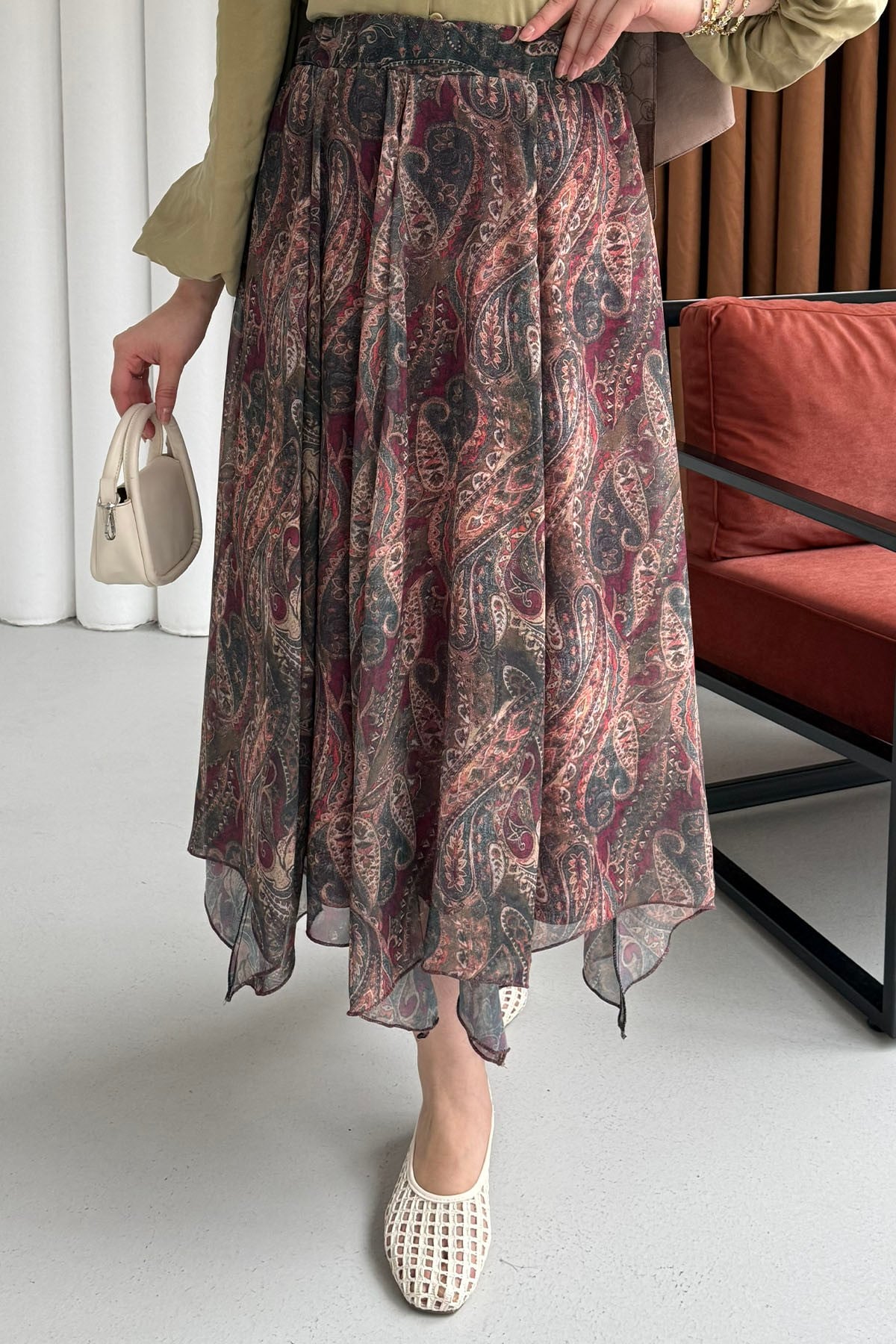 Asimetrik Kesim Beli Lastikli Emprime Etek-HAKİ YEŞİL