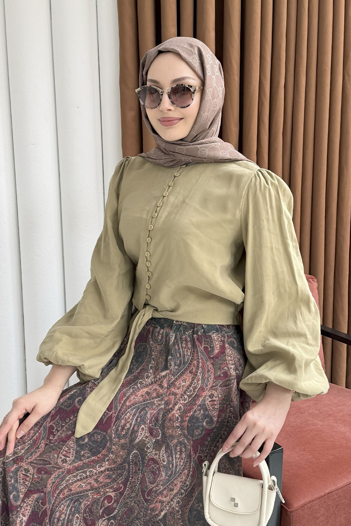 Asimetrik Kesim Beli Lastikli Emprime Etek-HAKİ YEŞİL