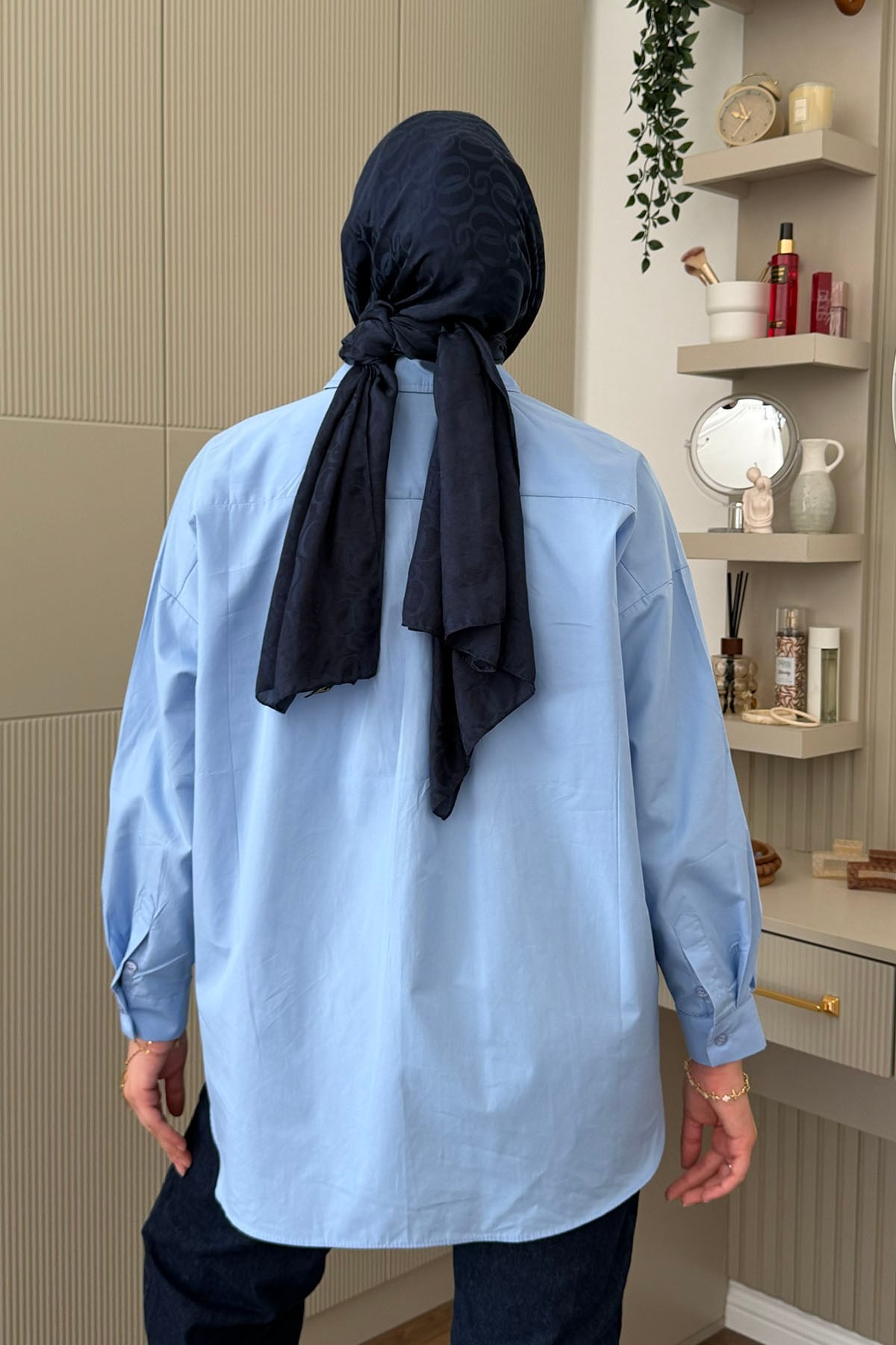 Asimetrik Kesim Oversize Poplin Gömlek-MAVİ