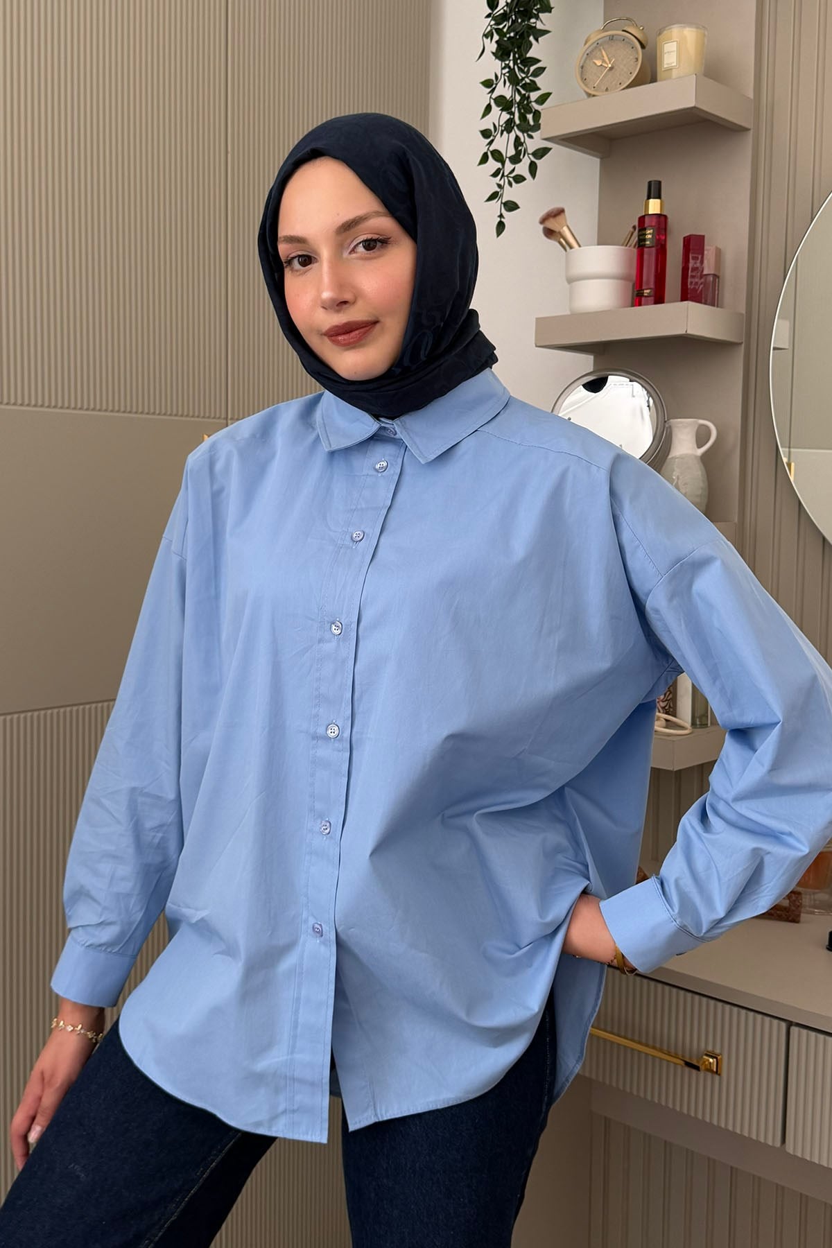 Asimetrik Kesim Oversize Poplin Gömlek-MAVİ