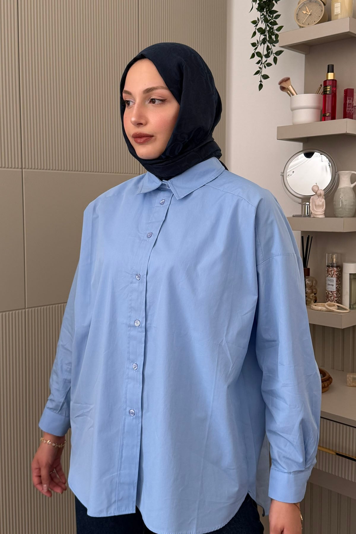 Asimetrik Kesim Oversize Poplin Gömlek-MAVİ
