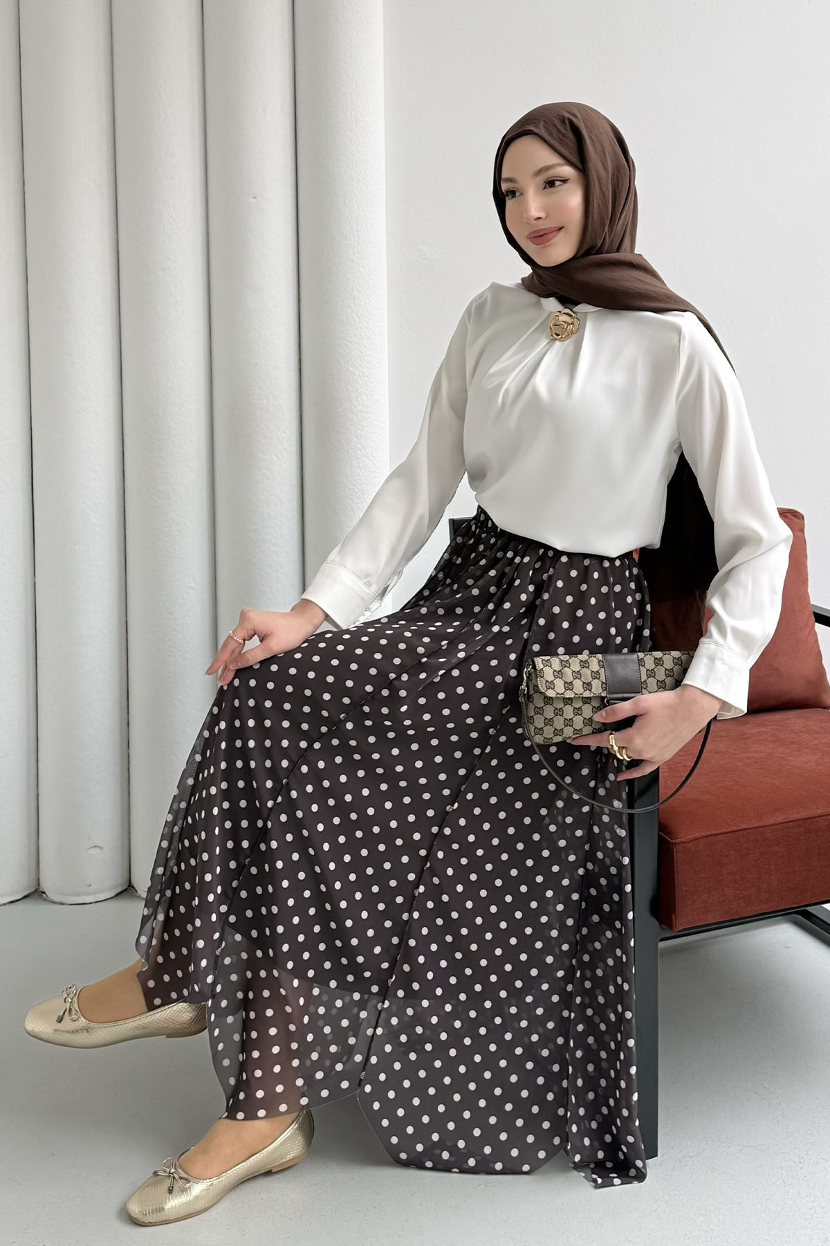 Asimetrik Kesim Puantiyeli Şifon Etek-KAHVERENGİ