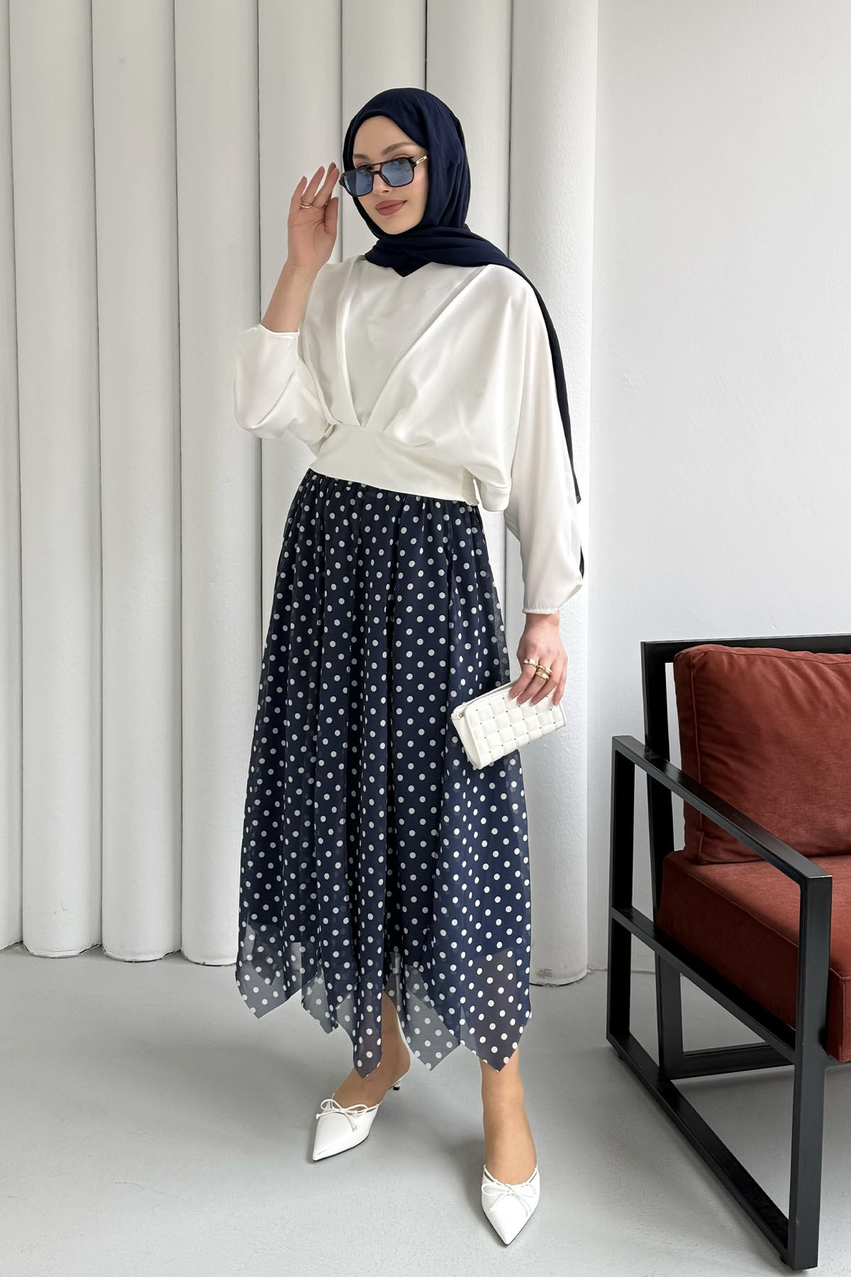 Asimetrik Kesim Puantiyeli Şifon Etek-LACİVERT